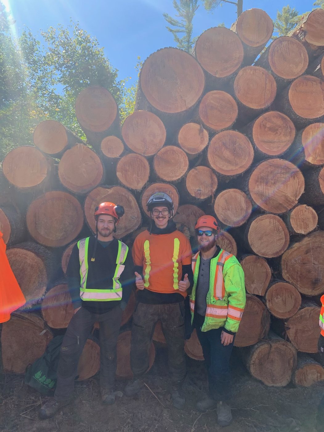 The Humboldt Tree Services crew in hard hats and hi-vis in front of a large stack of logs