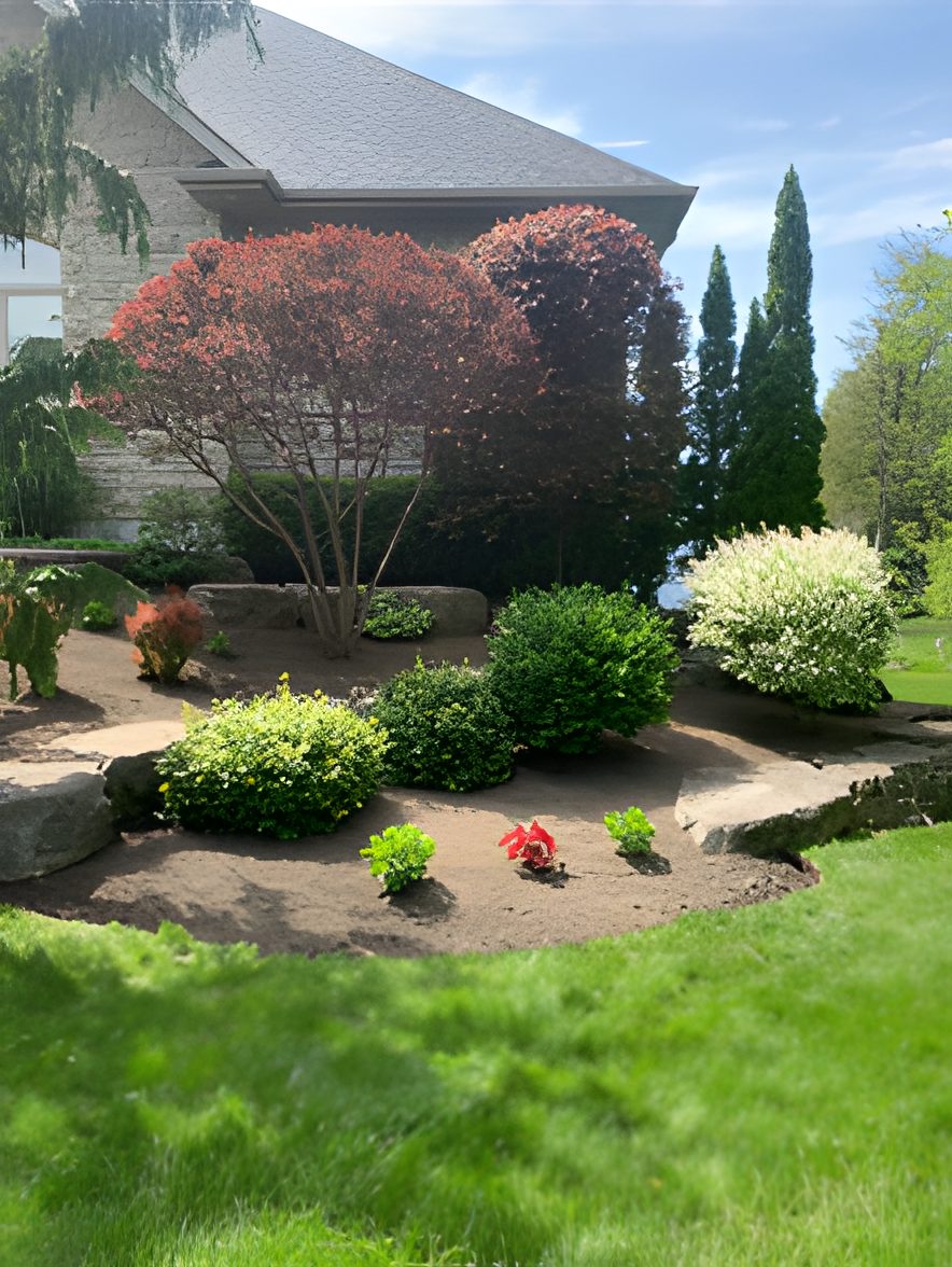 Finished garden bed with shrubs and fresh mulch